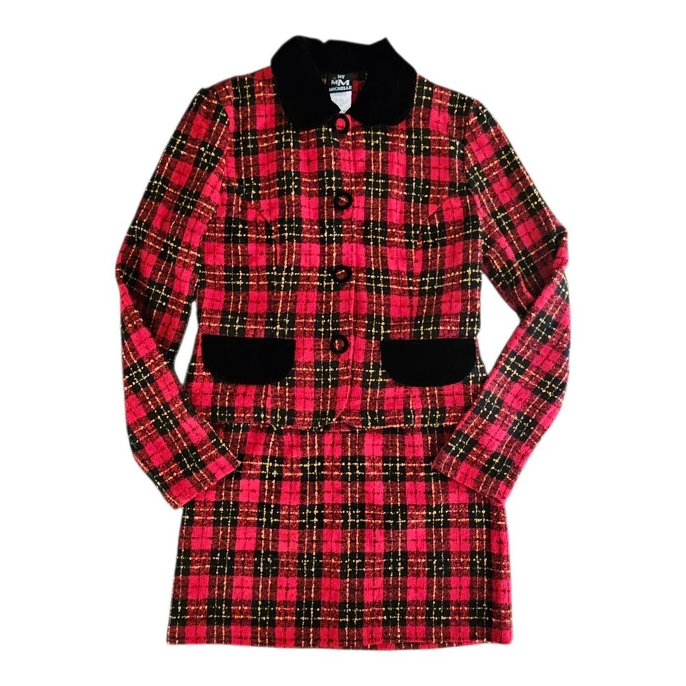 Red Plaid Skirt Suit Velvet Trim CLUELESS Vintage 90s Size 3 Juniors Made in USA